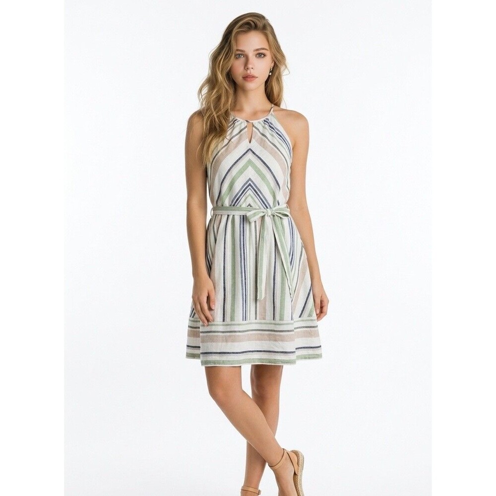 Women's Striped Linen Blend Lined Keyhole Halter Dress Multicolor Size M Miami